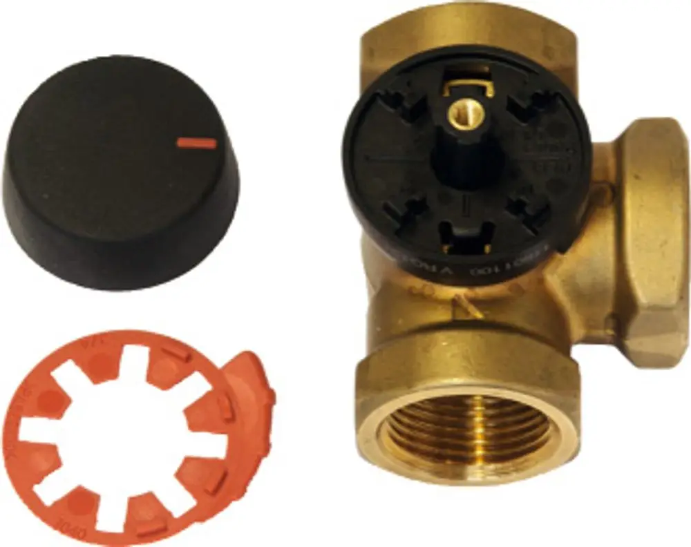 Dreiwegemischer aus Messing mit schwarzem Einstellrad und roter Halterung. Produkt von Bosch, geeignet für die Regelung von Heizungsanlagen.